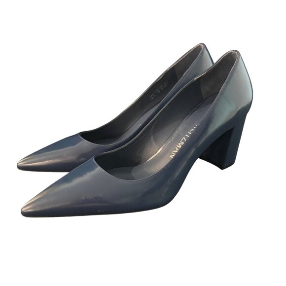 Stuart Weitzman Pointed Toe Leather Block Heel Pumps Navy Blue Size 10B NWOB - Picture 1 of 11